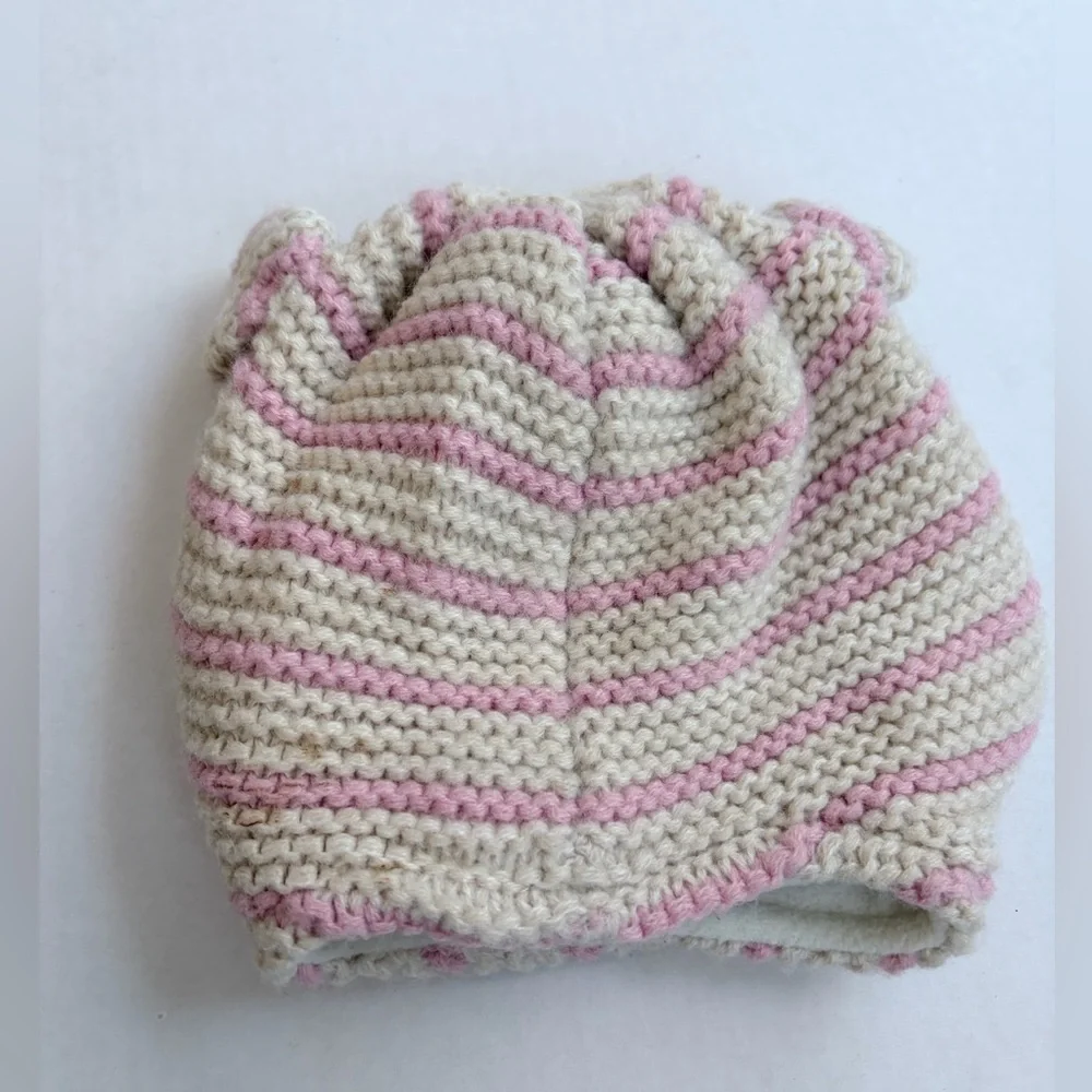 Baby Boden Striped Knit Hat with Bear Ears Pink Cream Baby Girl 12m